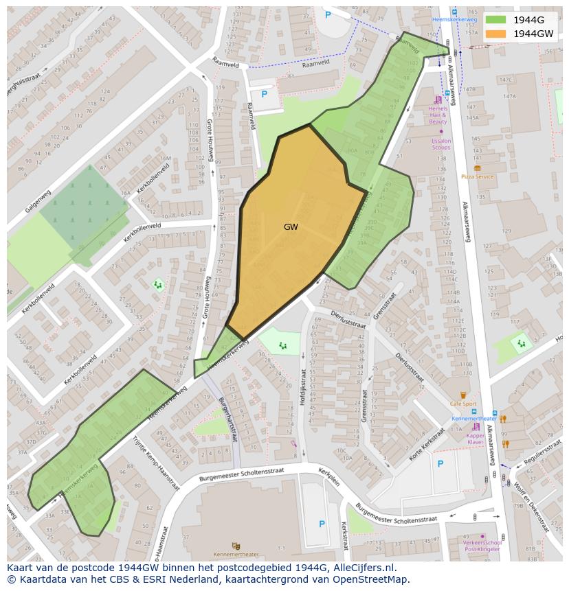 Afbeelding van het postcodegebied 1944 GW op de kaart.