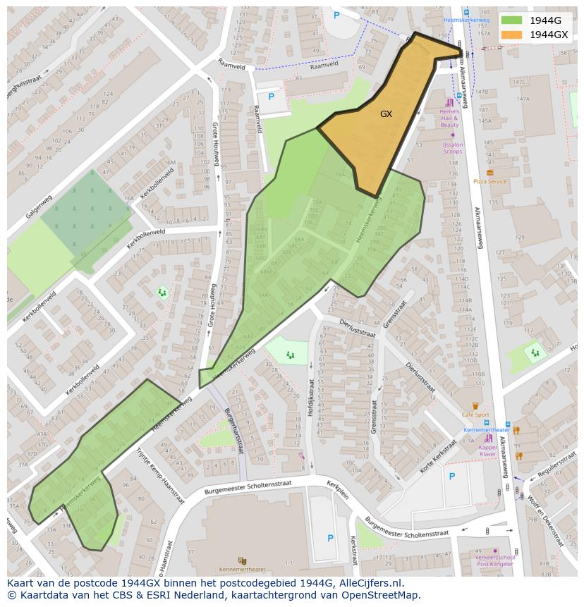 Afbeelding van het postcodegebied 1944 GX op de kaart.