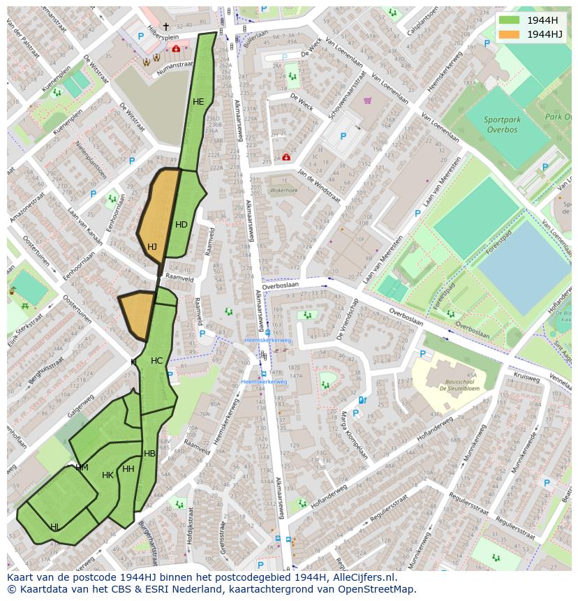 Afbeelding van het postcodegebied 1944 HJ op de kaart.