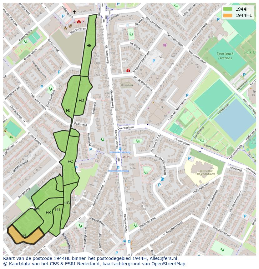 Afbeelding van het postcodegebied 1944 HL op de kaart.
