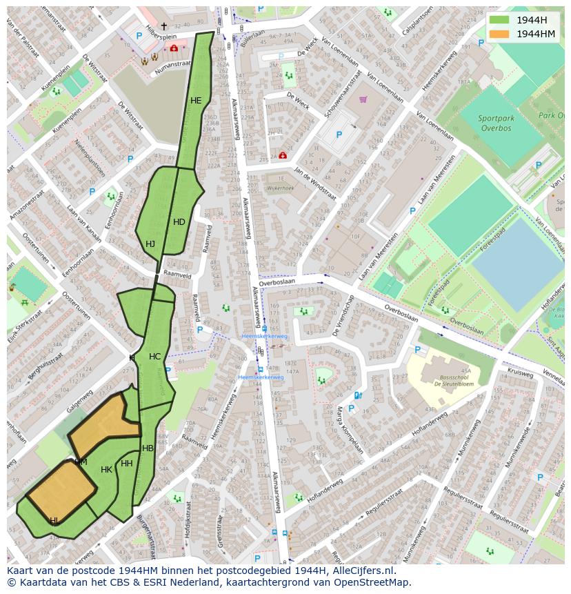 Afbeelding van het postcodegebied 1944 HM op de kaart.
