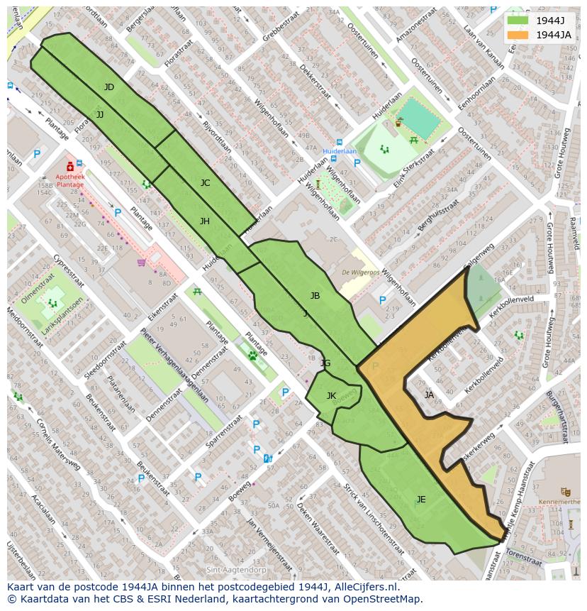 Afbeelding van het postcodegebied 1944 JA op de kaart.