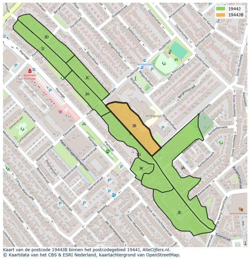 Afbeelding van het postcodegebied 1944 JB op de kaart.