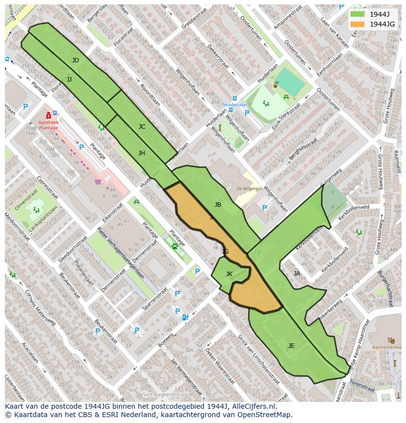 Afbeelding van het postcodegebied 1944 JG op de kaart.