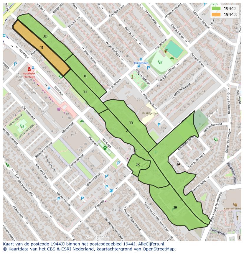 Afbeelding van het postcodegebied 1944 JJ op de kaart.