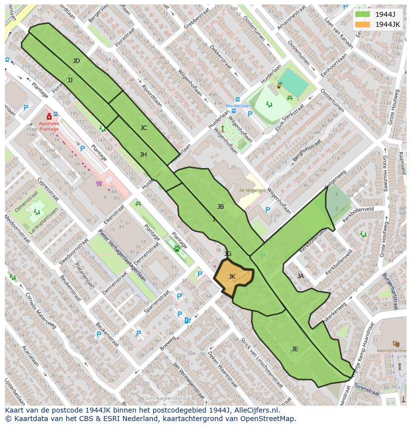 Afbeelding van het postcodegebied 1944 JK op de kaart.