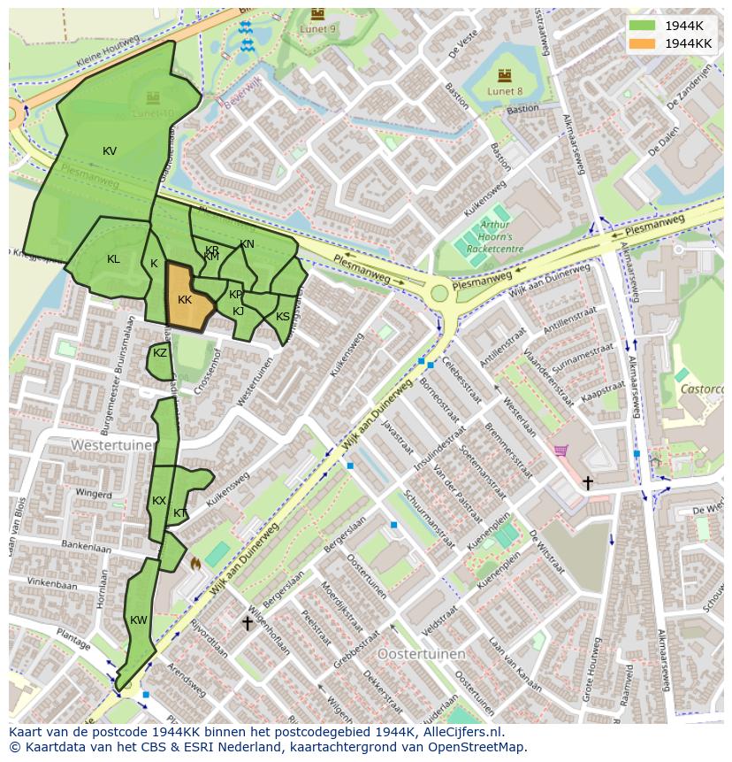 Afbeelding van het postcodegebied 1944 KK op de kaart.