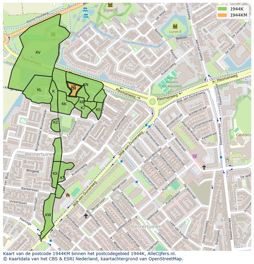 Afbeelding van het postcodegebied 1944 KM op de kaart.