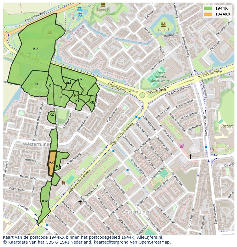 Afbeelding van het postcodegebied 1944 KX op de kaart.