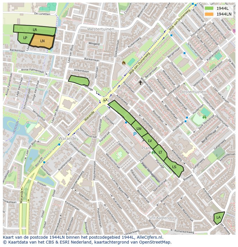 Afbeelding van het postcodegebied 1944 LN op de kaart.