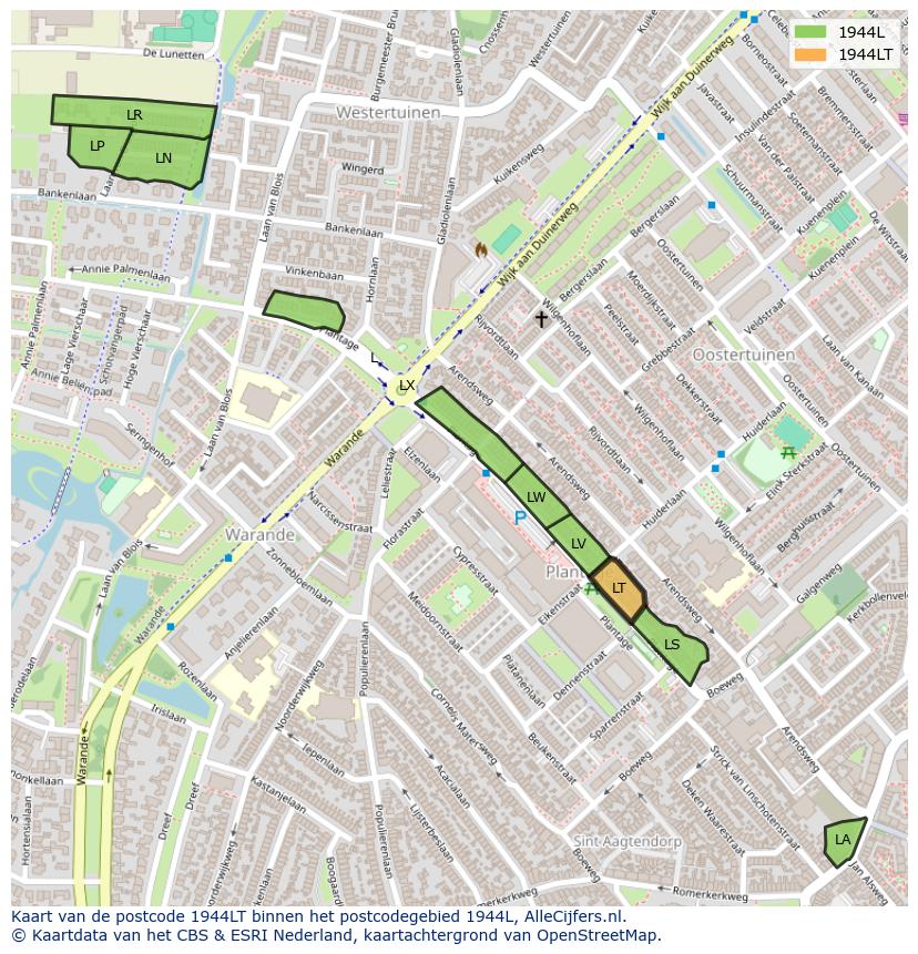 Afbeelding van het postcodegebied 1944 LT op de kaart.