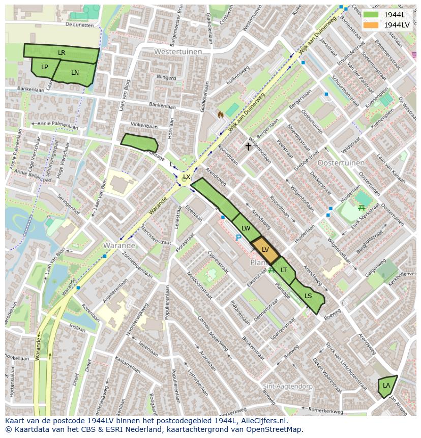 Afbeelding van het postcodegebied 1944 LV op de kaart.