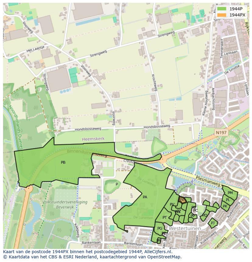 Afbeelding van het postcodegebied 1944 PX op de kaart.
