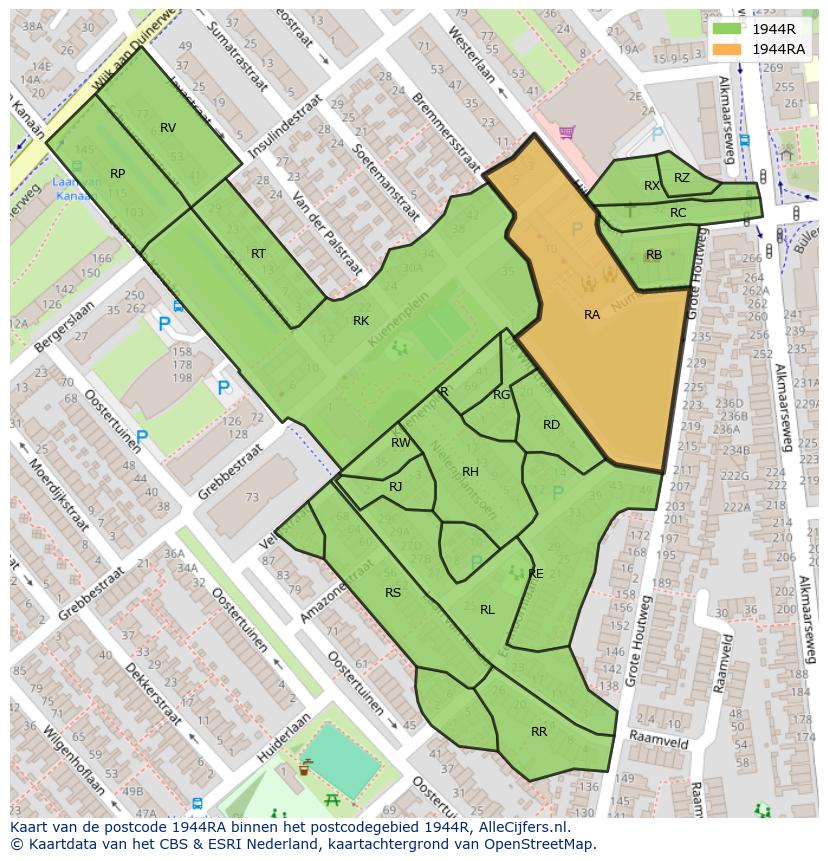 Afbeelding van het postcodegebied 1944 RA op de kaart.