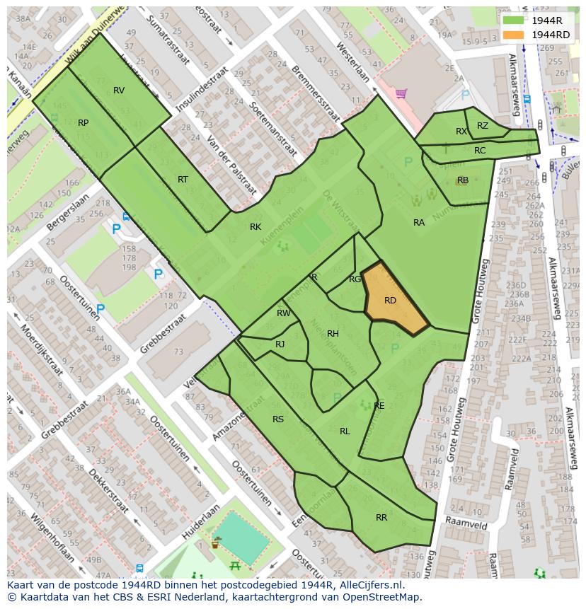 Afbeelding van het postcodegebied 1944 RD op de kaart.