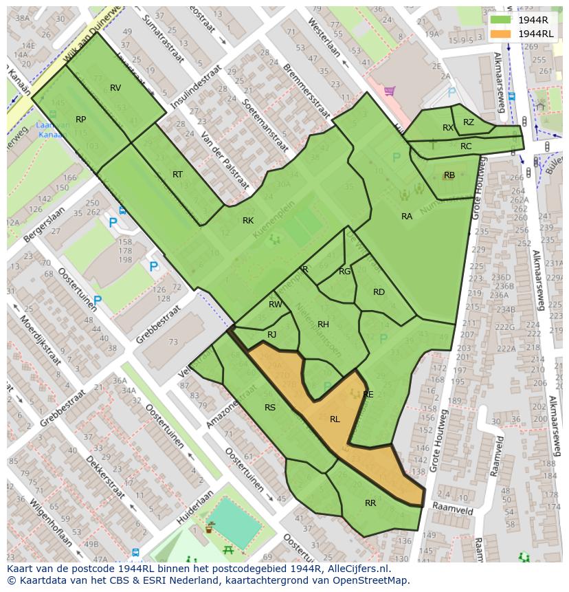 Afbeelding van het postcodegebied 1944 RL op de kaart.