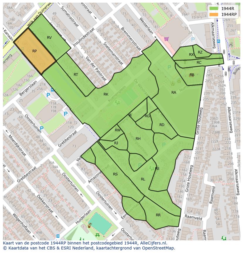 Afbeelding van het postcodegebied 1944 RP op de kaart.