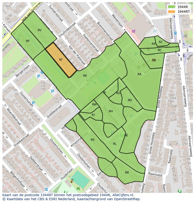 Afbeelding van het postcodegebied 1944 RT op de kaart.