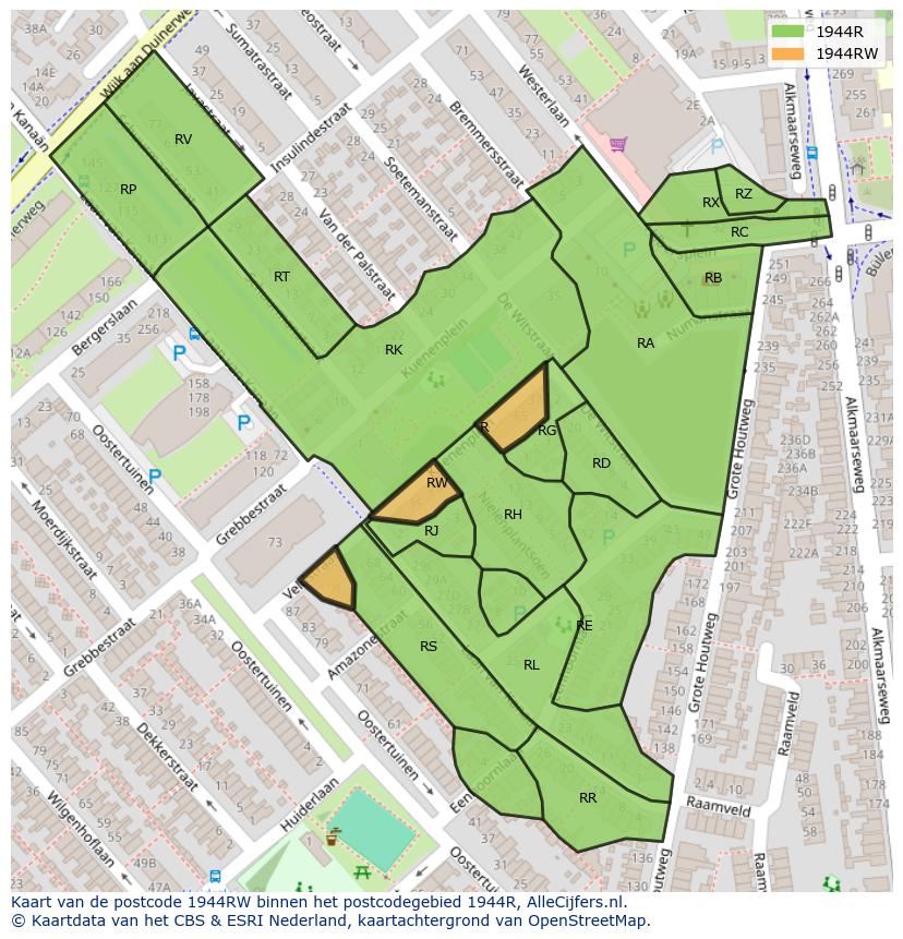 Afbeelding van het postcodegebied 1944 RW op de kaart.