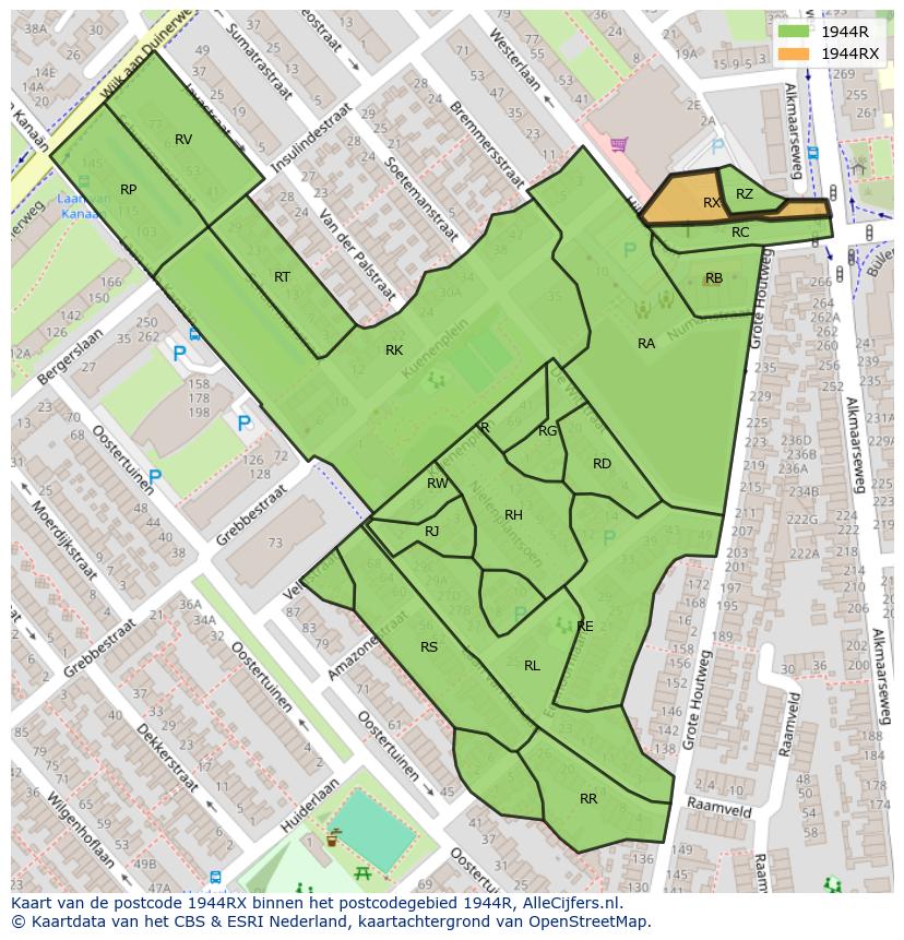 Afbeelding van het postcodegebied 1944 RX op de kaart.