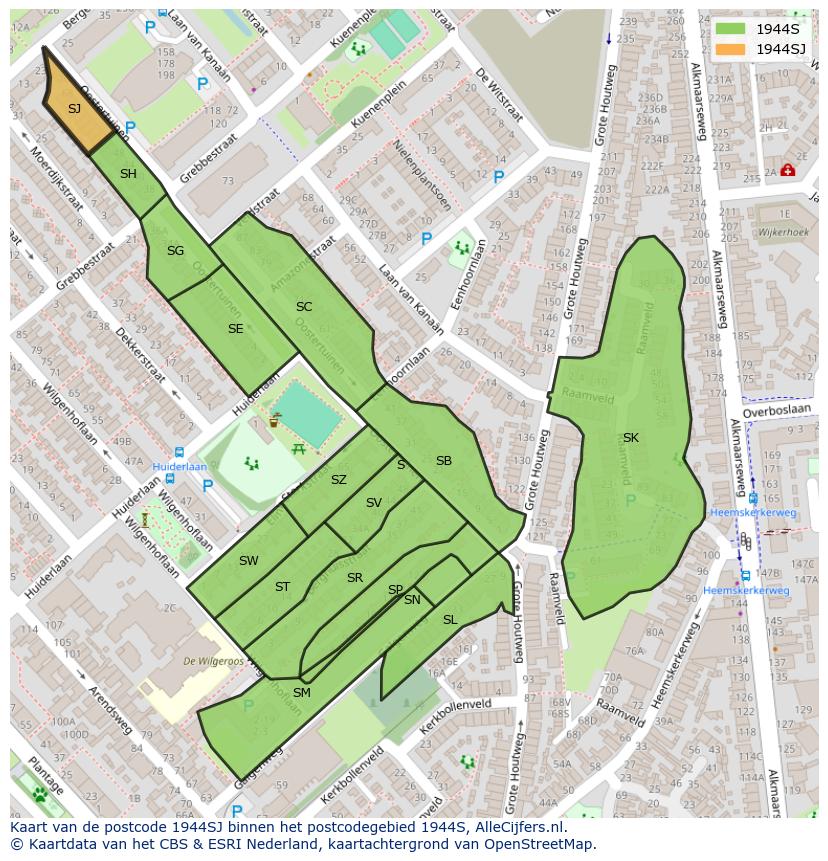 Afbeelding van het postcodegebied 1944 SJ op de kaart.