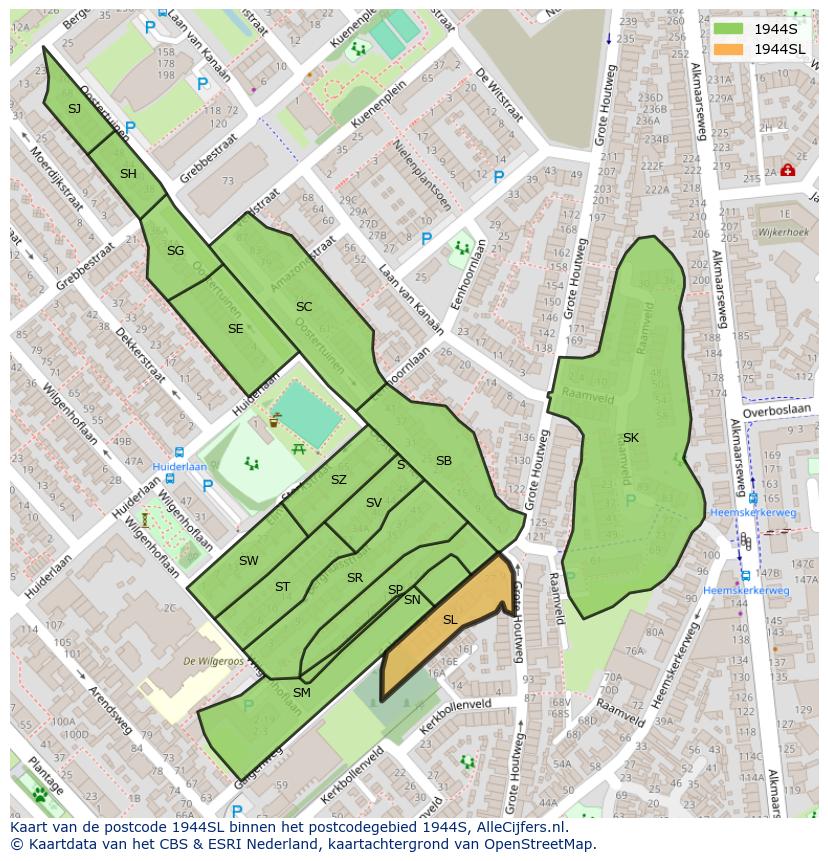 Afbeelding van het postcodegebied 1944 SL op de kaart.