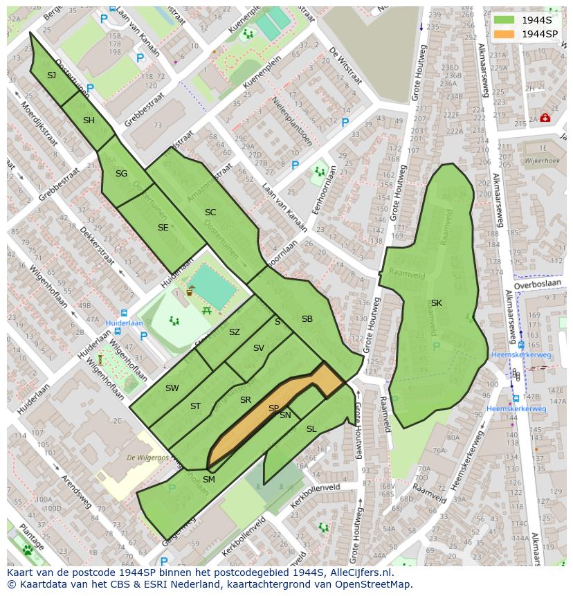 Afbeelding van het postcodegebied 1944 SP op de kaart.