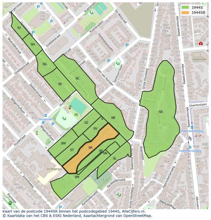 Afbeelding van het postcodegebied 1944 SR op de kaart.