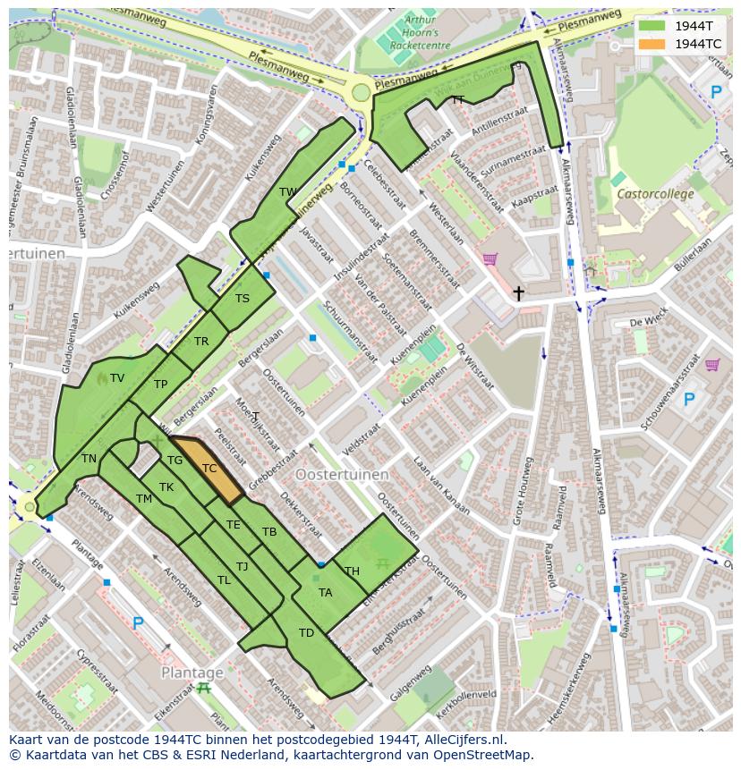 Afbeelding van het postcodegebied 1944 TC op de kaart.