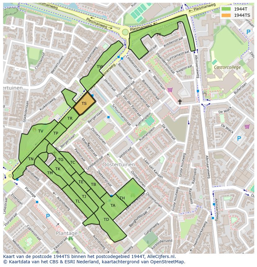 Afbeelding van het postcodegebied 1944 TS op de kaart.