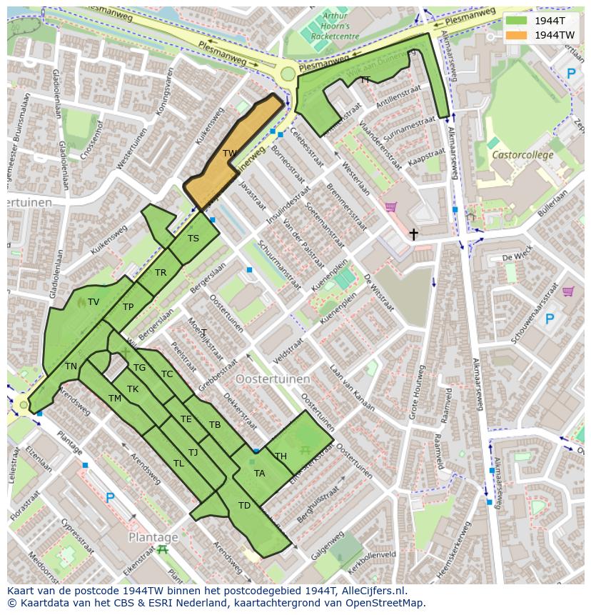 Afbeelding van het postcodegebied 1944 TW op de kaart.
