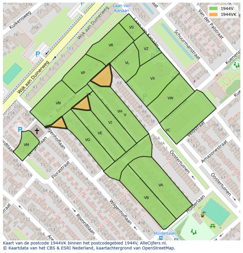 Afbeelding van het postcodegebied 1944 VK op de kaart.