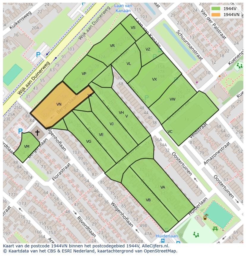 Afbeelding van het postcodegebied 1944 VN op de kaart.