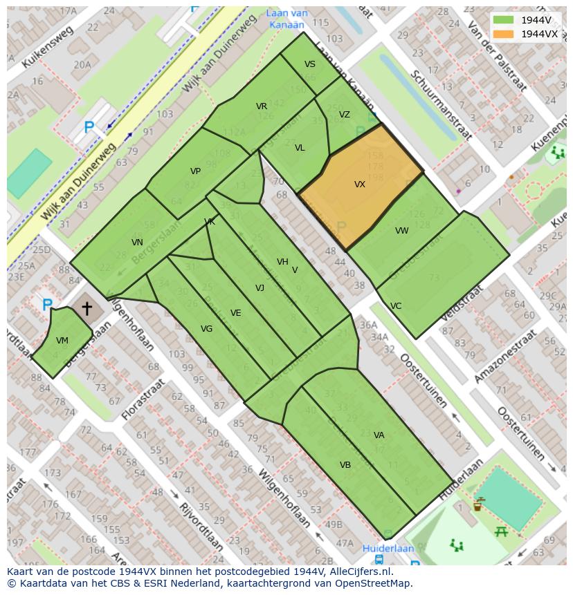 Afbeelding van het postcodegebied 1944 VX op de kaart.