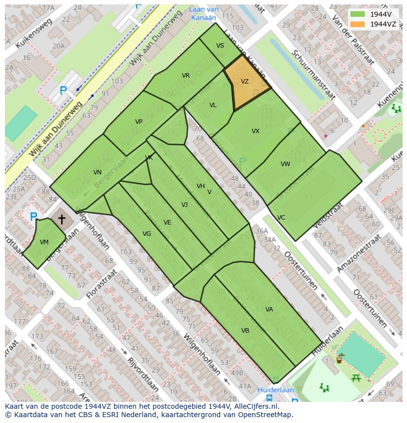 Afbeelding van het postcodegebied 1944 VZ op de kaart.