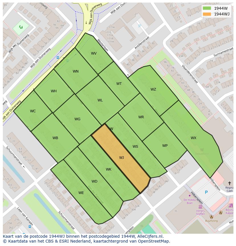 Afbeelding van het postcodegebied 1944 WJ op de kaart.