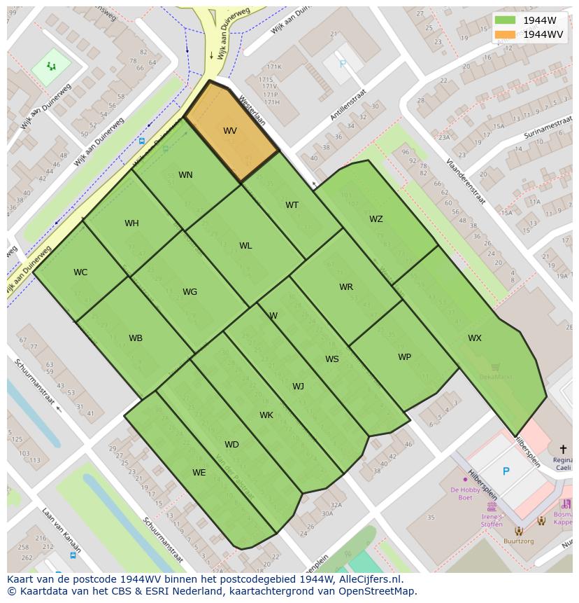 Afbeelding van het postcodegebied 1944 WV op de kaart.