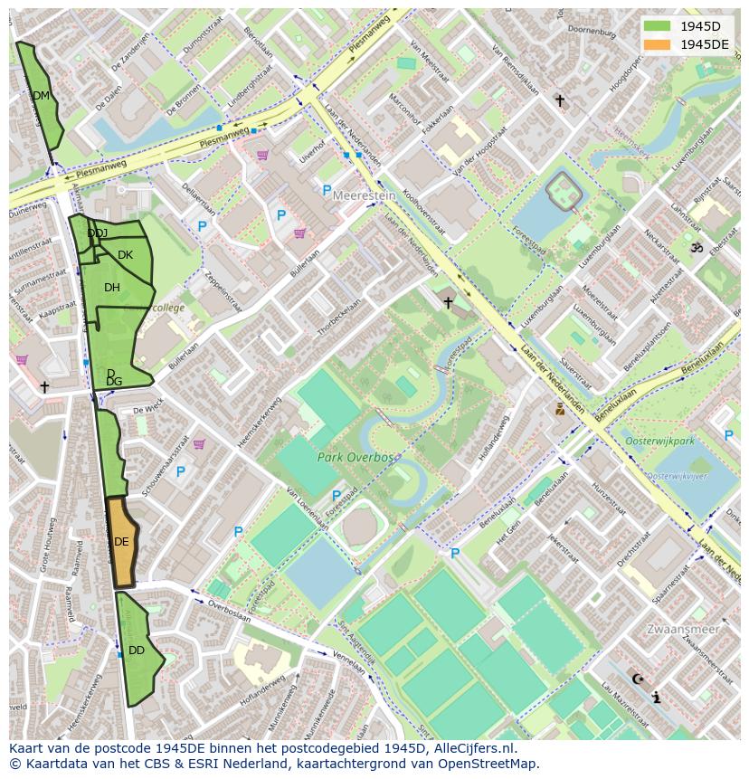 Afbeelding van het postcodegebied 1945 DE op de kaart.