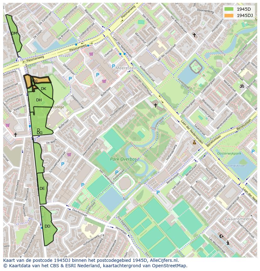 Afbeelding van het postcodegebied 1945 DJ op de kaart.