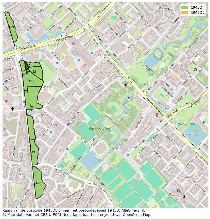 Afbeelding van het postcodegebied 1945 DL op de kaart.