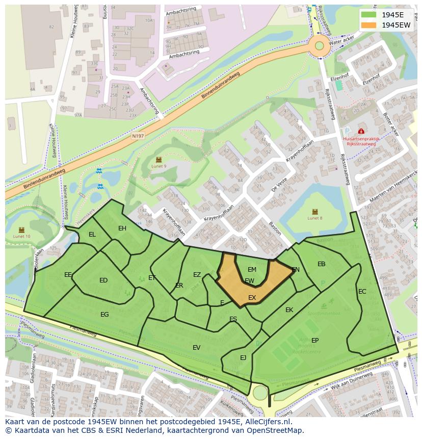 Afbeelding van het postcodegebied 1945 EW op de kaart.