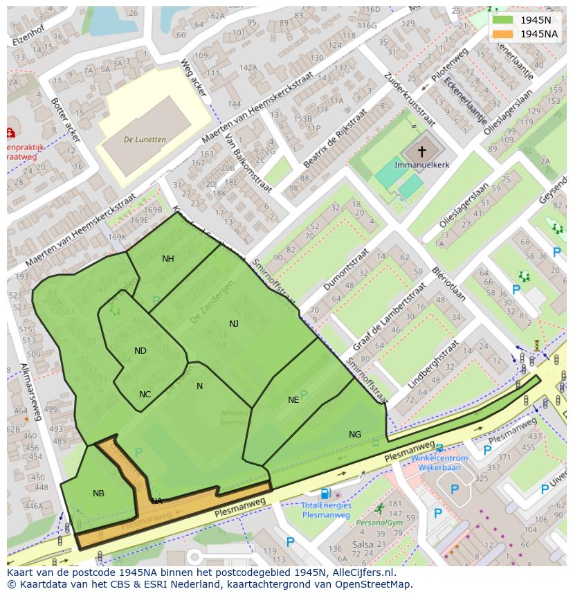 Afbeelding van het postcodegebied 1945 NA op de kaart.