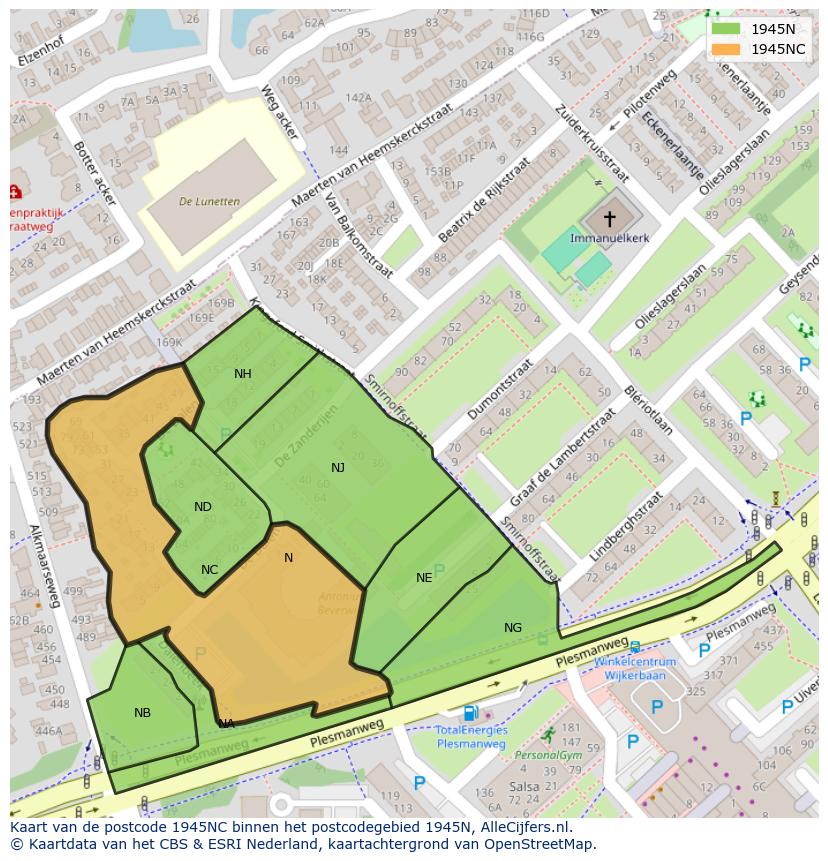 Afbeelding van het postcodegebied 1945 NC op de kaart.