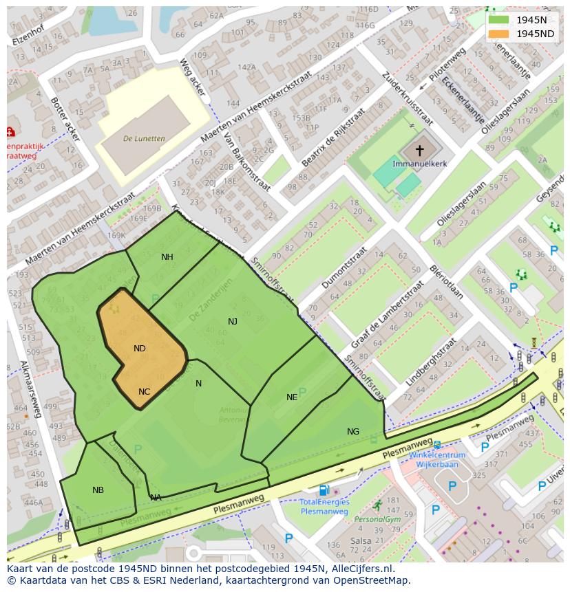 Afbeelding van het postcodegebied 1945 ND op de kaart.