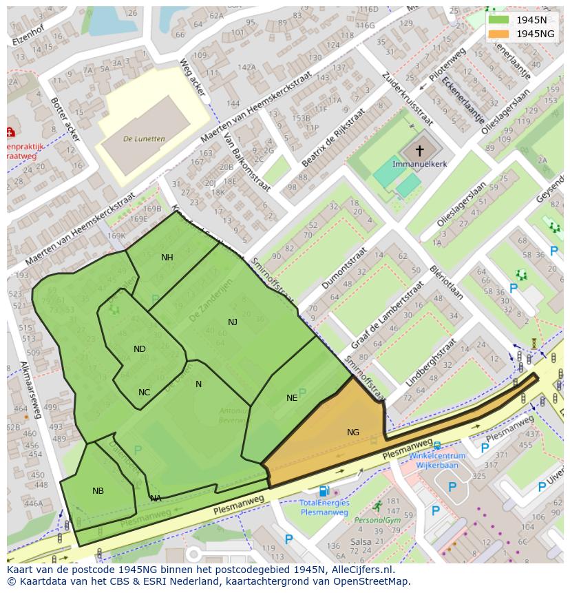 Afbeelding van het postcodegebied 1945 NG op de kaart.