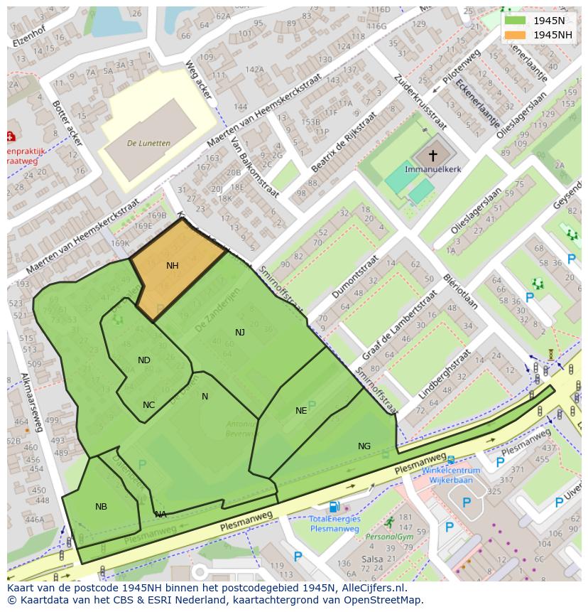 Afbeelding van het postcodegebied 1945 NH op de kaart.