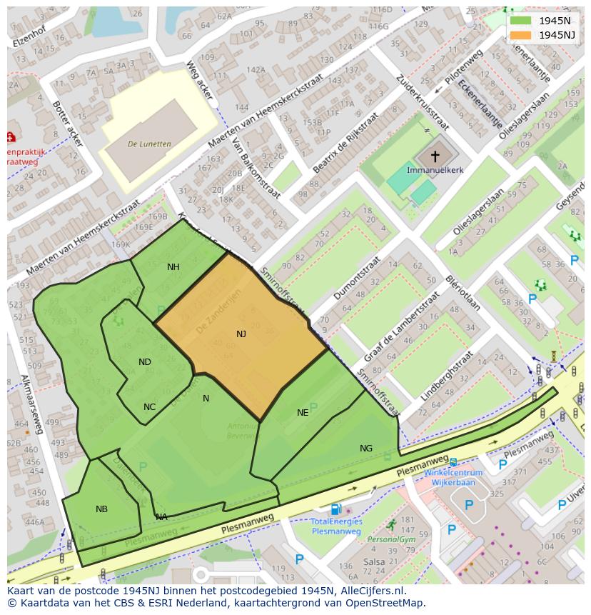 Afbeelding van het postcodegebied 1945 NJ op de kaart.