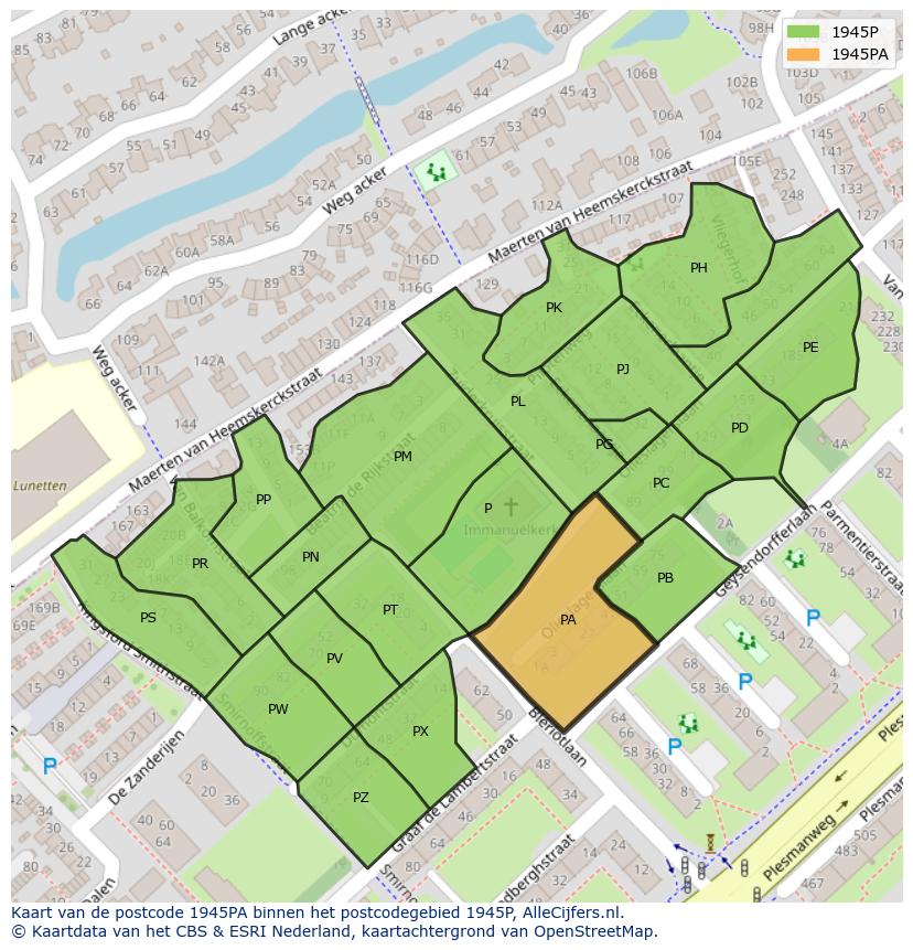 Afbeelding van het postcodegebied 1945 PA op de kaart.