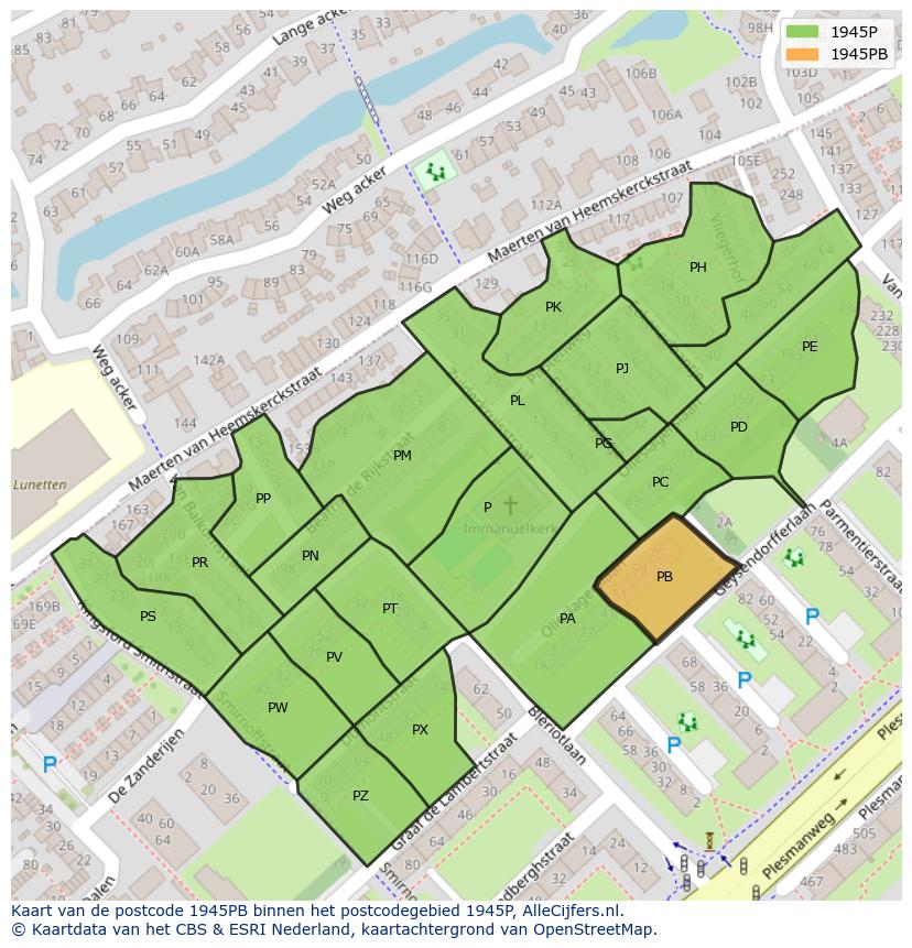Afbeelding van het postcodegebied 1945 PB op de kaart.