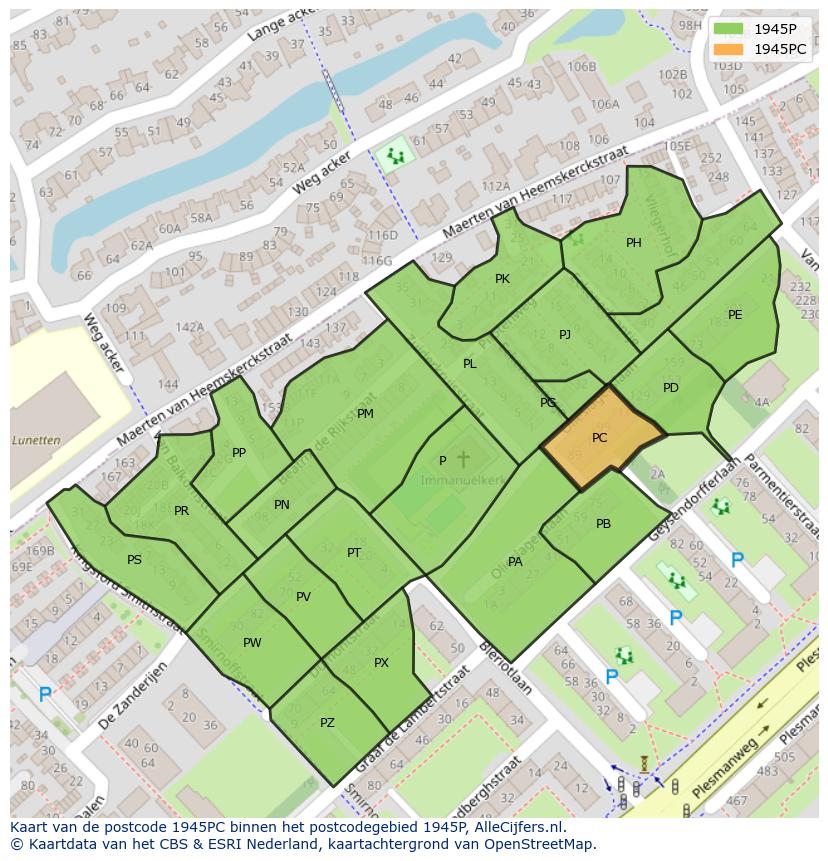 Afbeelding van het postcodegebied 1945 PC op de kaart.